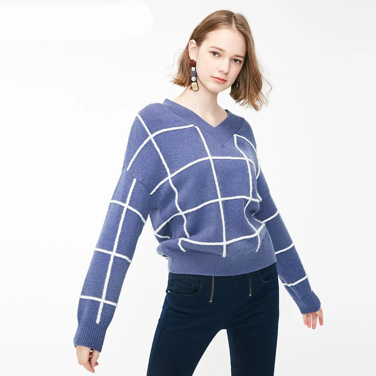 Spring new pattern check V-neck short sweater women Nipaaj