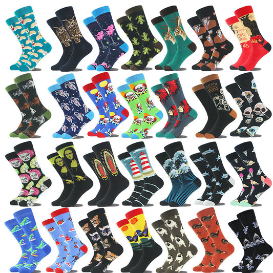 Men's Cartoon Animal Retro Oil Painting Mid-calf Socks
