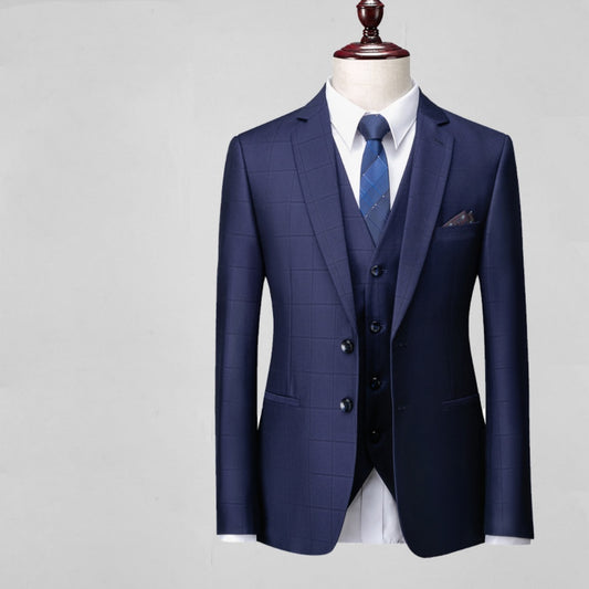 Men's Business Casual Plaid Slim Fit Suit Three-piece Suit