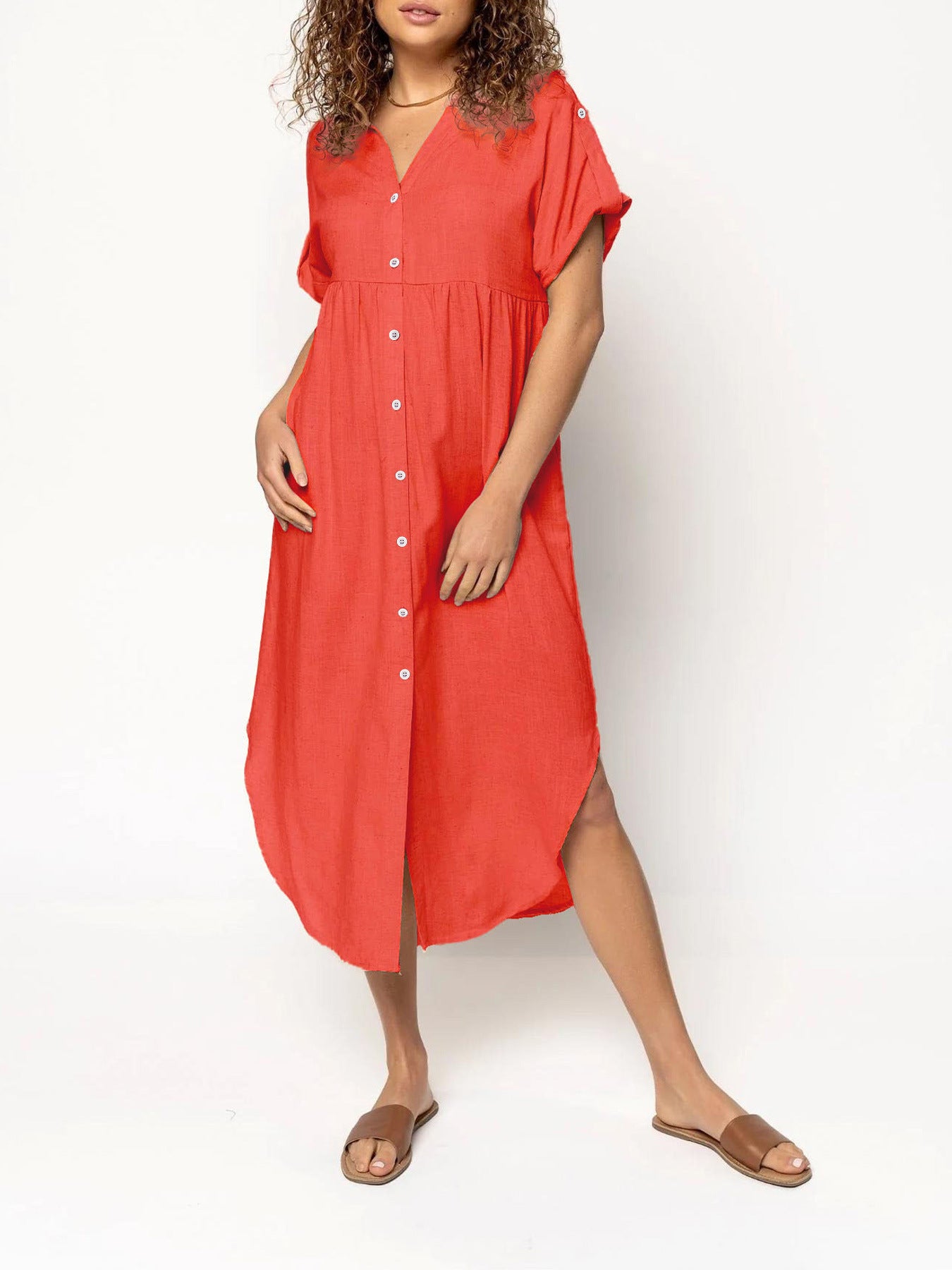 Loose Temperament Casual Solid Color Buttons Mid-length Dress