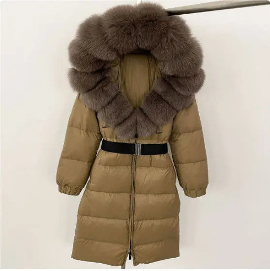 Women's Long Cinched Hoodie Real Fox Fur Collar Coat null