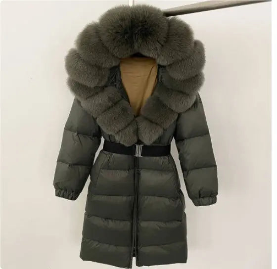 Women's Long Cinched Hoodie Real Fox Fur Collar Coat null
