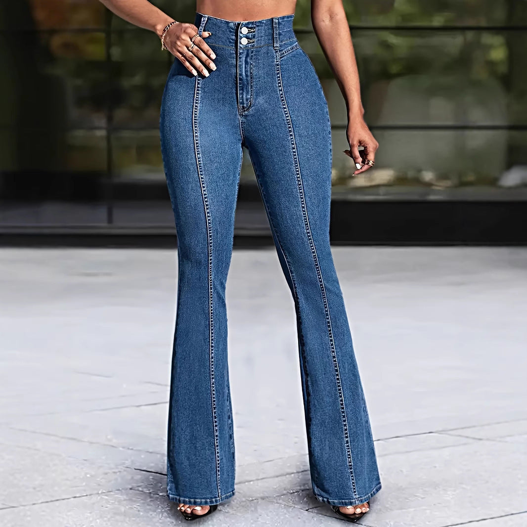 Front And Rear Stitching High Slimming Elastic Mid-waist Flared Jeans