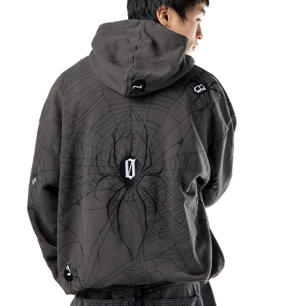 Loose Spider Web Printed Spider Letter Embroidery Hip Hop Style Autumn And Winter Hooded Sweater