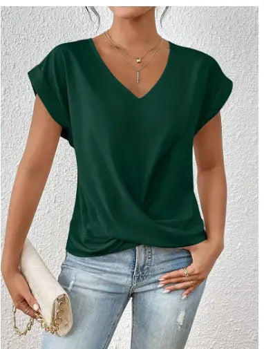Fashion V-neck Short-sleeve T-shirt Summer Casual Irregular Knot Top For Women Clothing Nipaaj