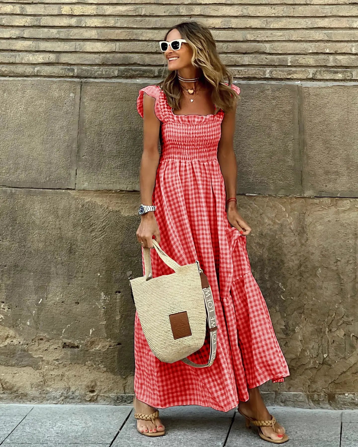 Summer Plaid Print Pleated Ruffle Dress INS Fashion Sleeveless A-line Swing Beach Dress Women's Clothing null
