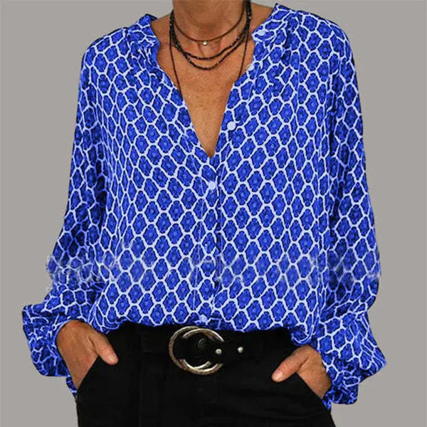 Fashion Lozenge Print V-Neck Shirt Casual Loose Long Sleeve Top Women's Clothing null