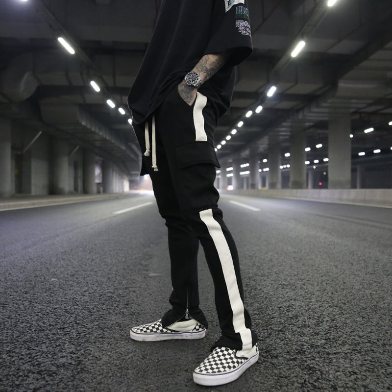 White Edge Woven Belt Large Pocket Zipper Casual Pants