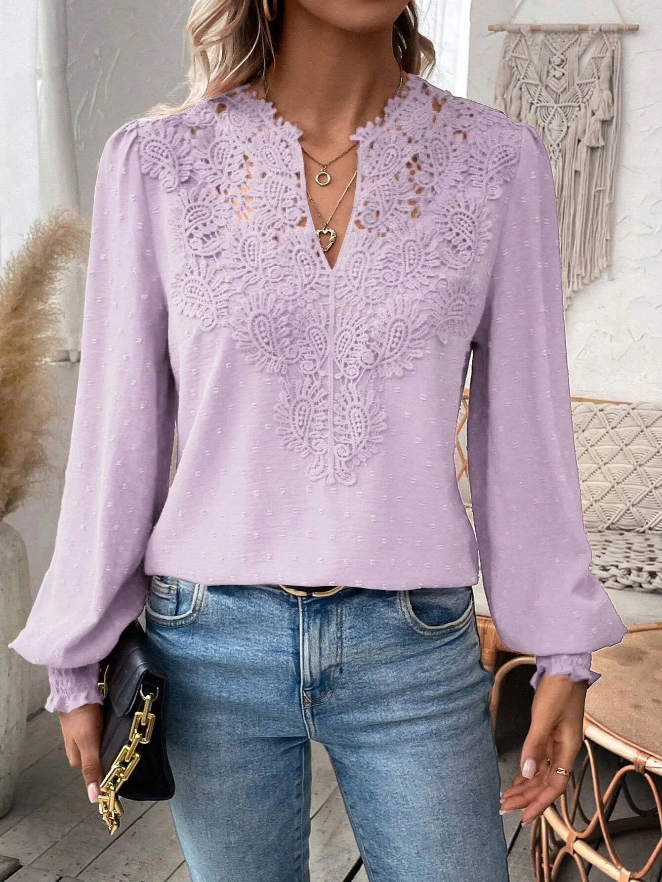 Lace Solid Color Long Sleeve Casual Women's Top Nipaaj