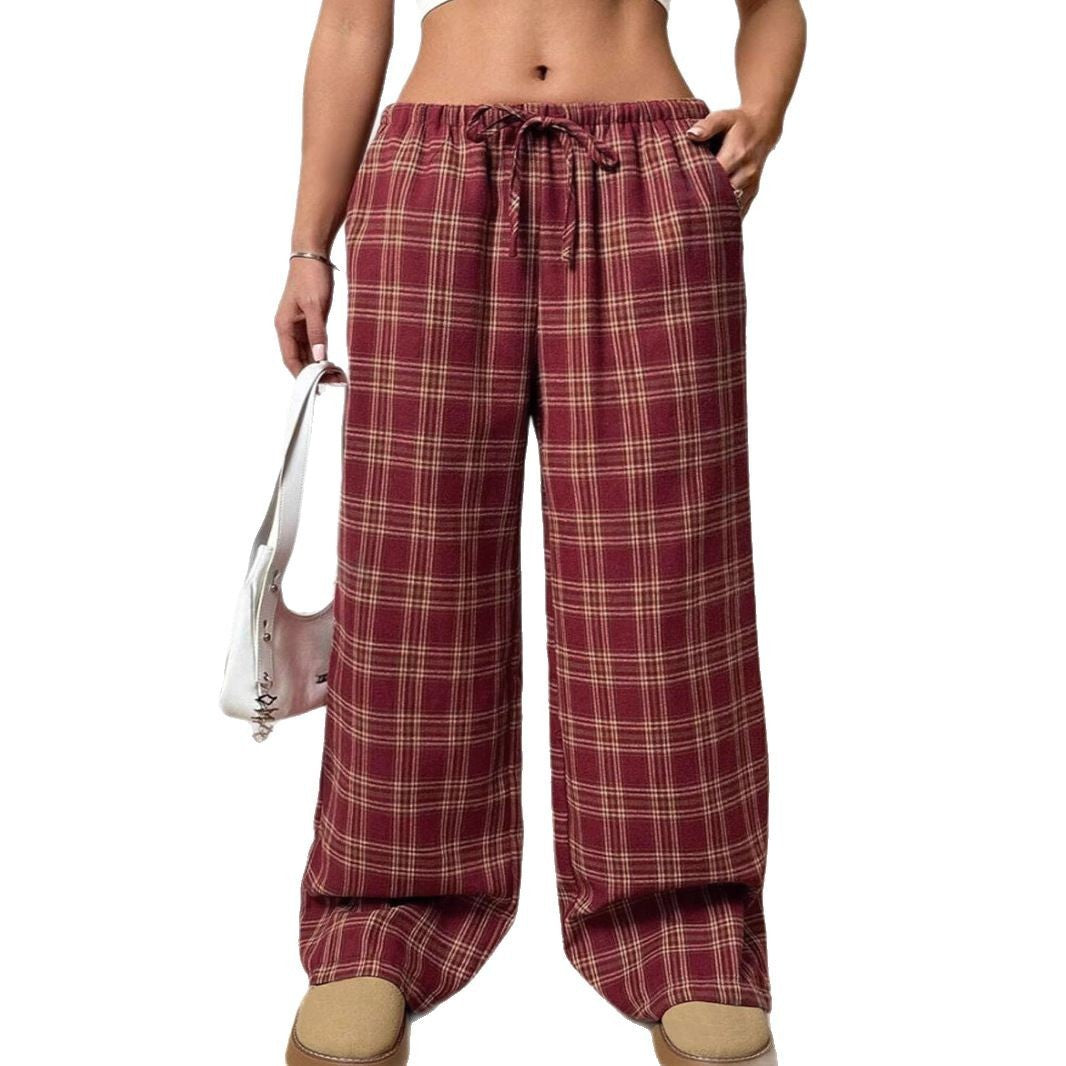 Women's Casual All-match Loose Drawstring Plaid Pocket Trousers
