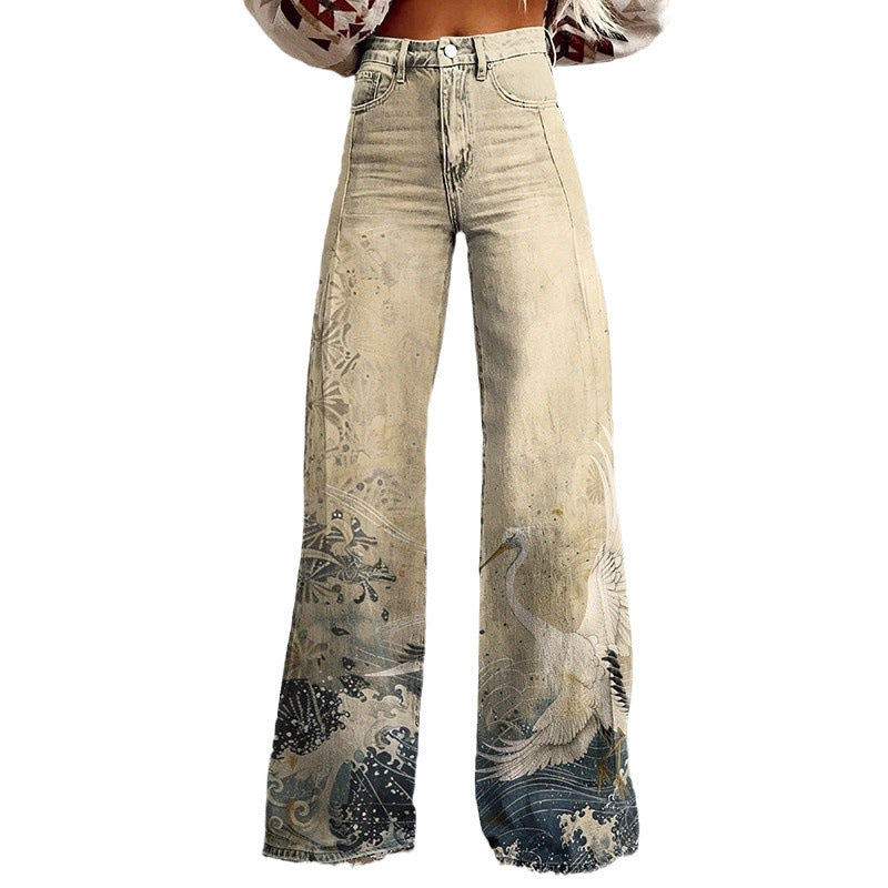 Thermal Transfer Bell-bottom Pants Simulation Denim Trousers Loose Pants