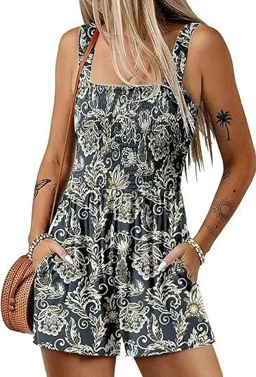 Flower Print Shorts Jumpsuit Summer Fashion Sleeveless Beach Bodysuit null