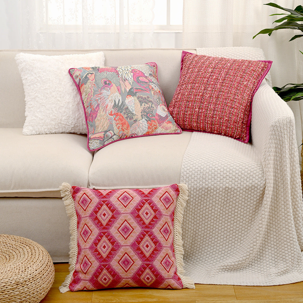 Rose Red Jacquard Girly Style Pillow Sofa Living Room Nordic Ins Cream Style Throw Pillowcase