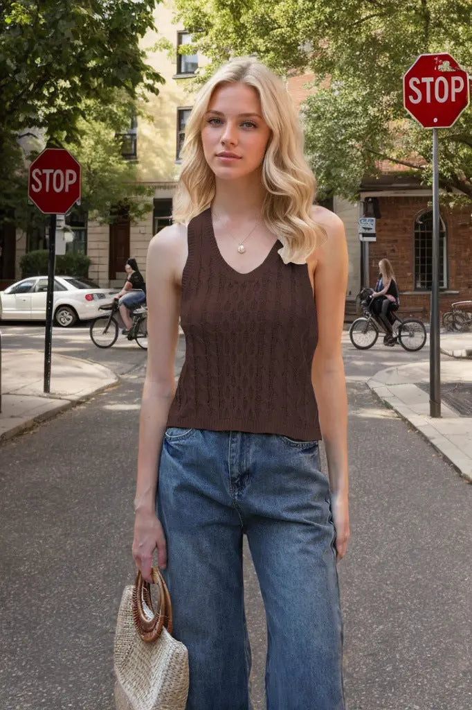 Women's V-neck Tank Vest Fashion Casual Knitted Solid Color Tops null
