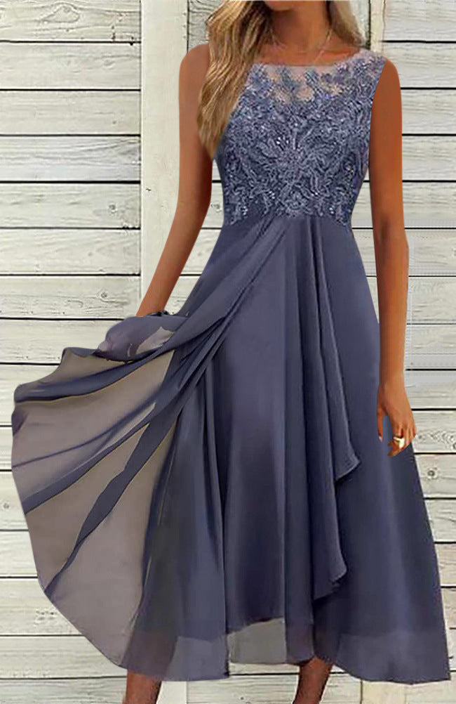 Women's Sleeveless Stitching Lace Hollow-out Chiffon Dress