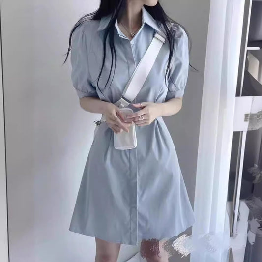 Blue Polo Collar Shirt Dress Women