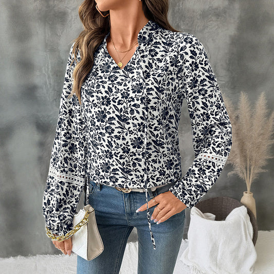 Casual Elegant Retro V-neck Lace-up Floral French Shirt