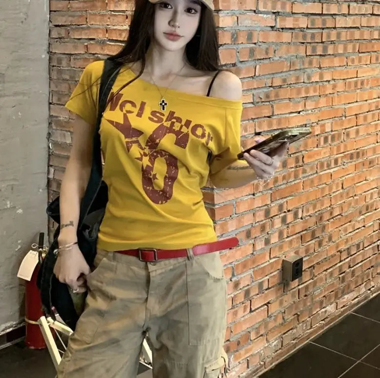Oblique Shoulder Printed Short Sleeve Summer Slim-fit Crop-top null