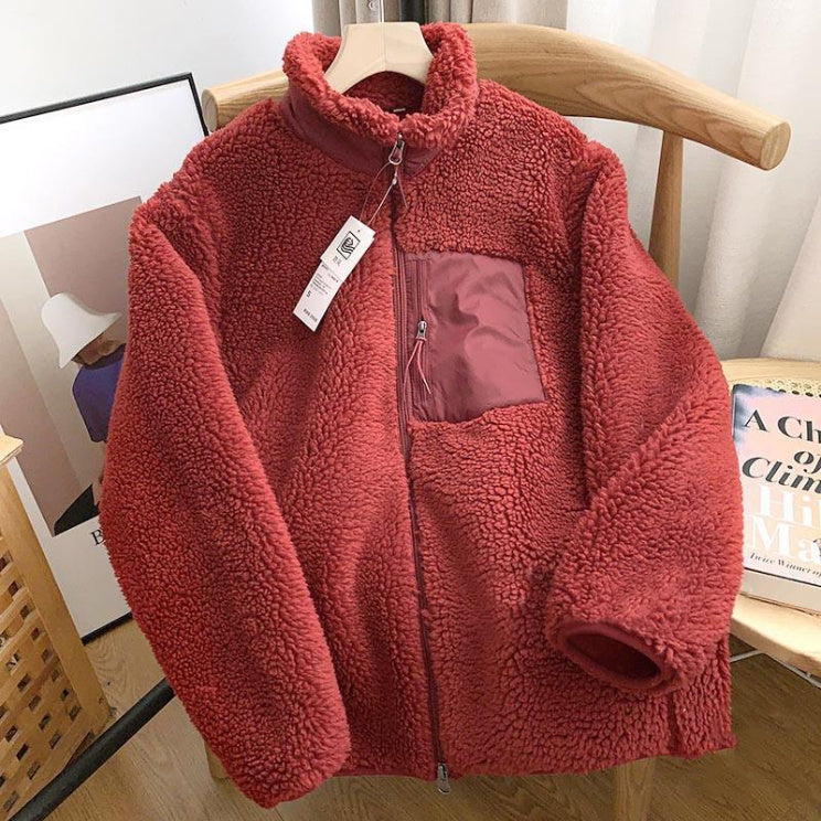 Couple's Autumn And Winter New Loose Zip Windproof Lamb Wool Coat For Women