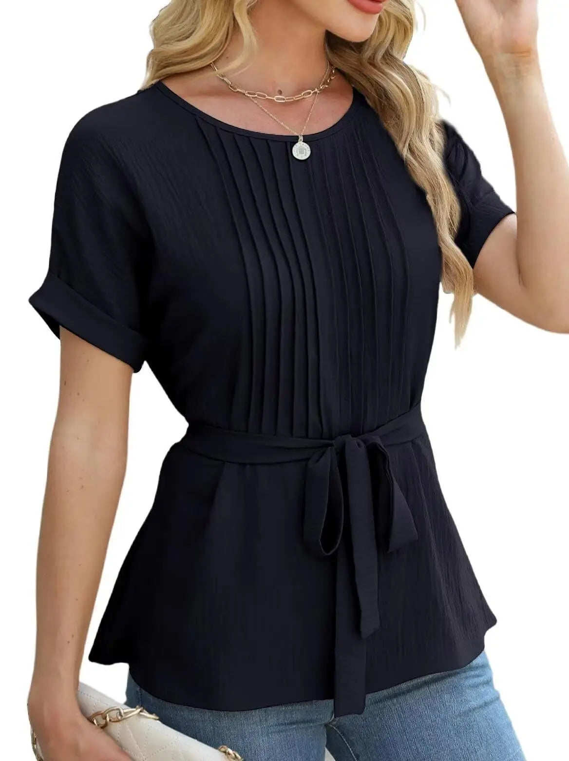 Casual Shirt Ruffled Pleated Round Neck Short Sleeve Top Nipaaj