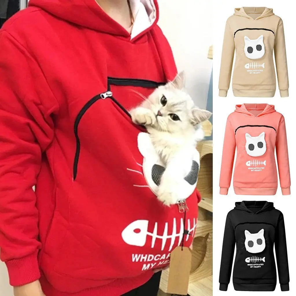 Women Hoodie Sweatshirt With Cat Pet Pocket Design Long Sleeve Sweater Cat Outfit Nipaaj