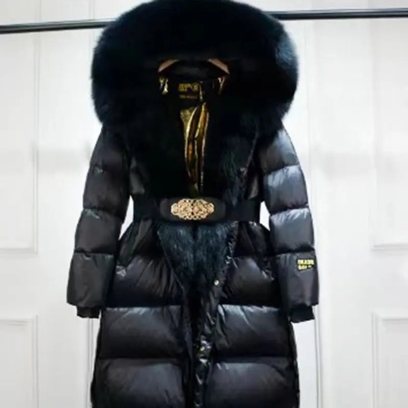 Extended Black Golden Lock Warm Real Fox Fur Big Fur Collar Duck Down Down Jacket null