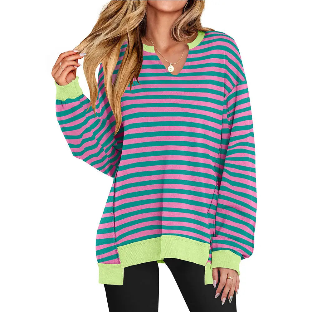 Colorful Striped V-neck Loose Sweatshirt Nipaaj