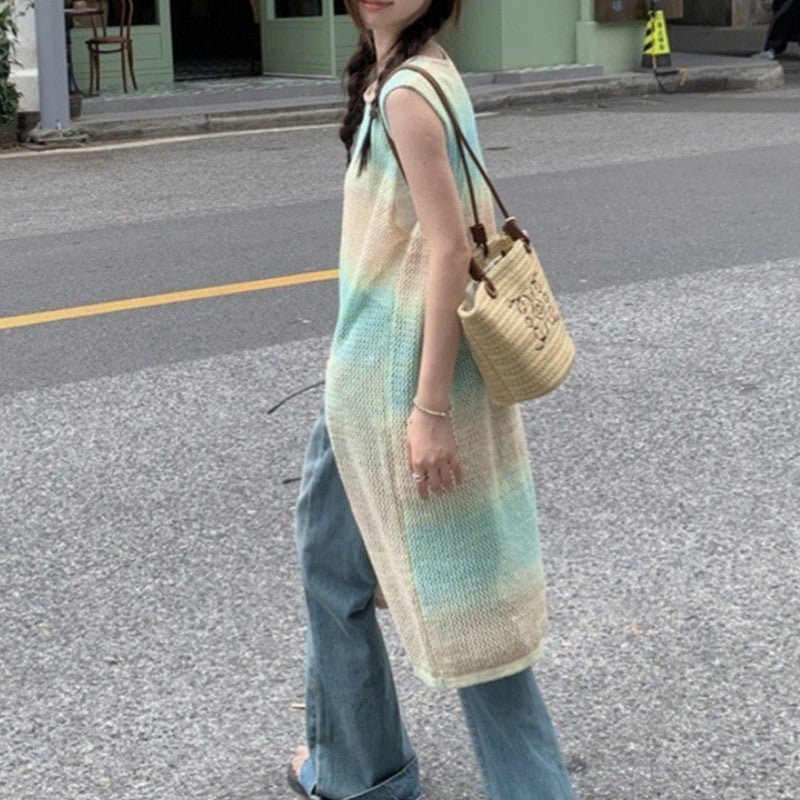 Gradient Mid-length Sleeveless Split Vest Slim Fit Vest Dress