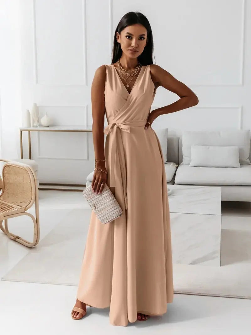V-neck Sleeveless Dress With Belt Summer Fashion Party Club Evening Maxi Dresses For Women Clothing null