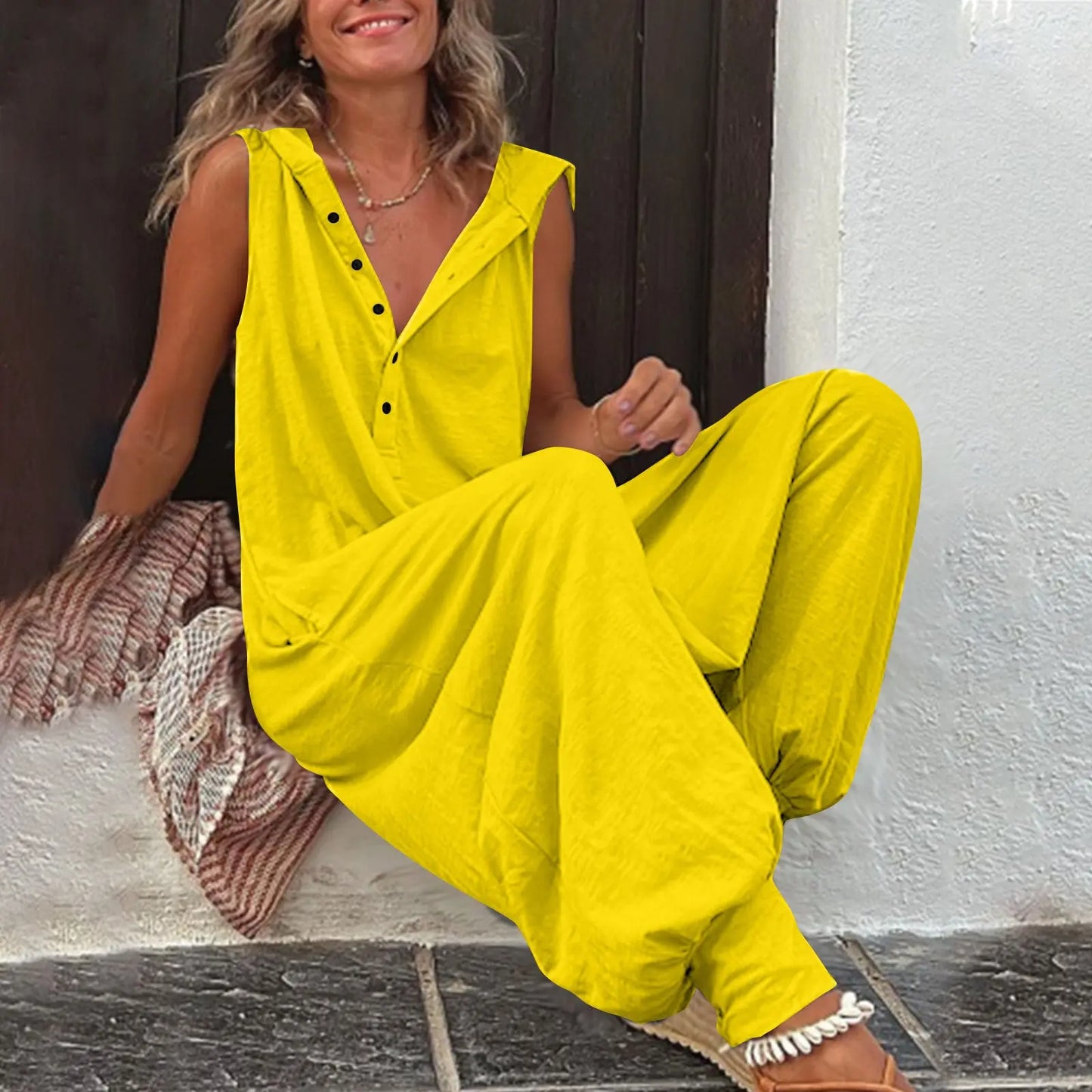 Hot Selling Button Up Hooded Sleeveless Pants In Stock, Jumpsuit With Pockets null