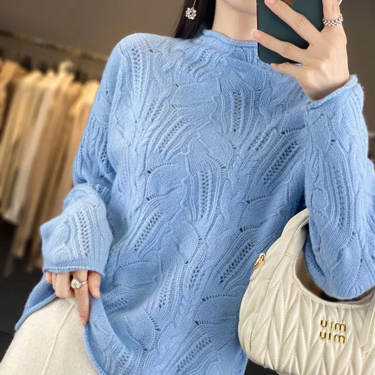 Autumn And Winter New Half High Collar Pullover Solid Color Hollow Sweater Nipaaj