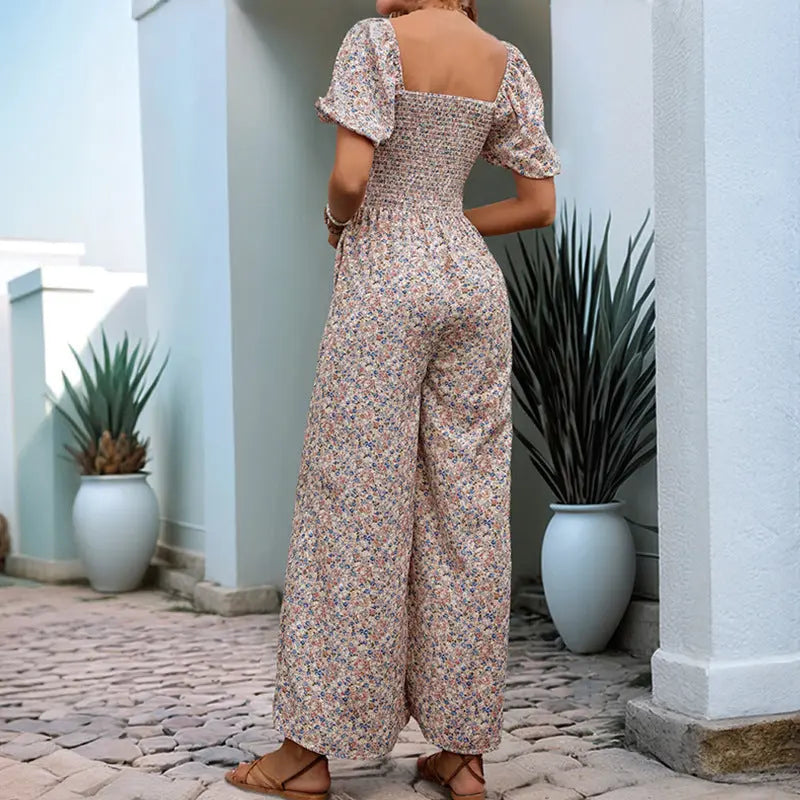 Square Collar Puff Sleeve Vacation Style Floral Jumpsuit null