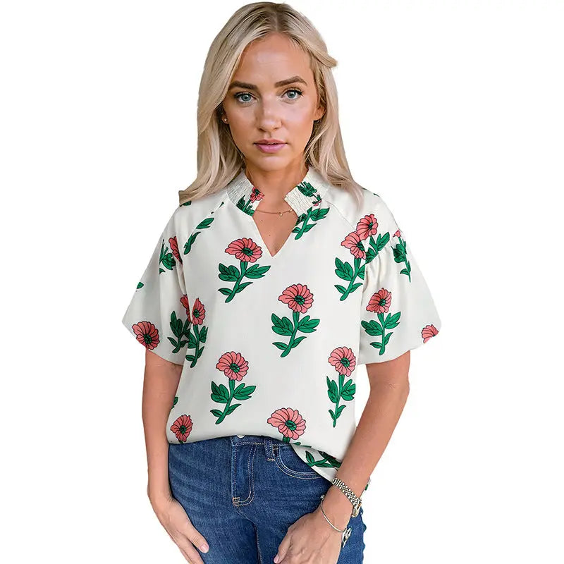 Summer Floral Printed V-neck Short Sleeve null