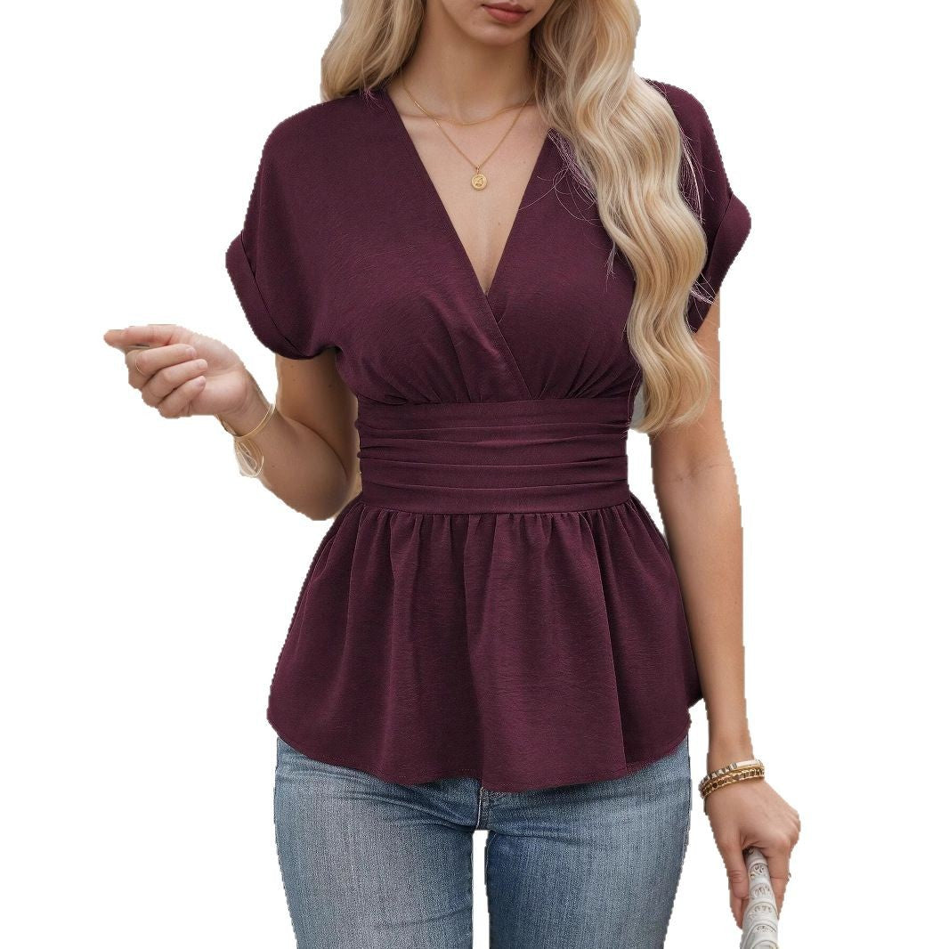 Summer Solid Color And V-neck Waist Pleated Waist Tight Shirt Top