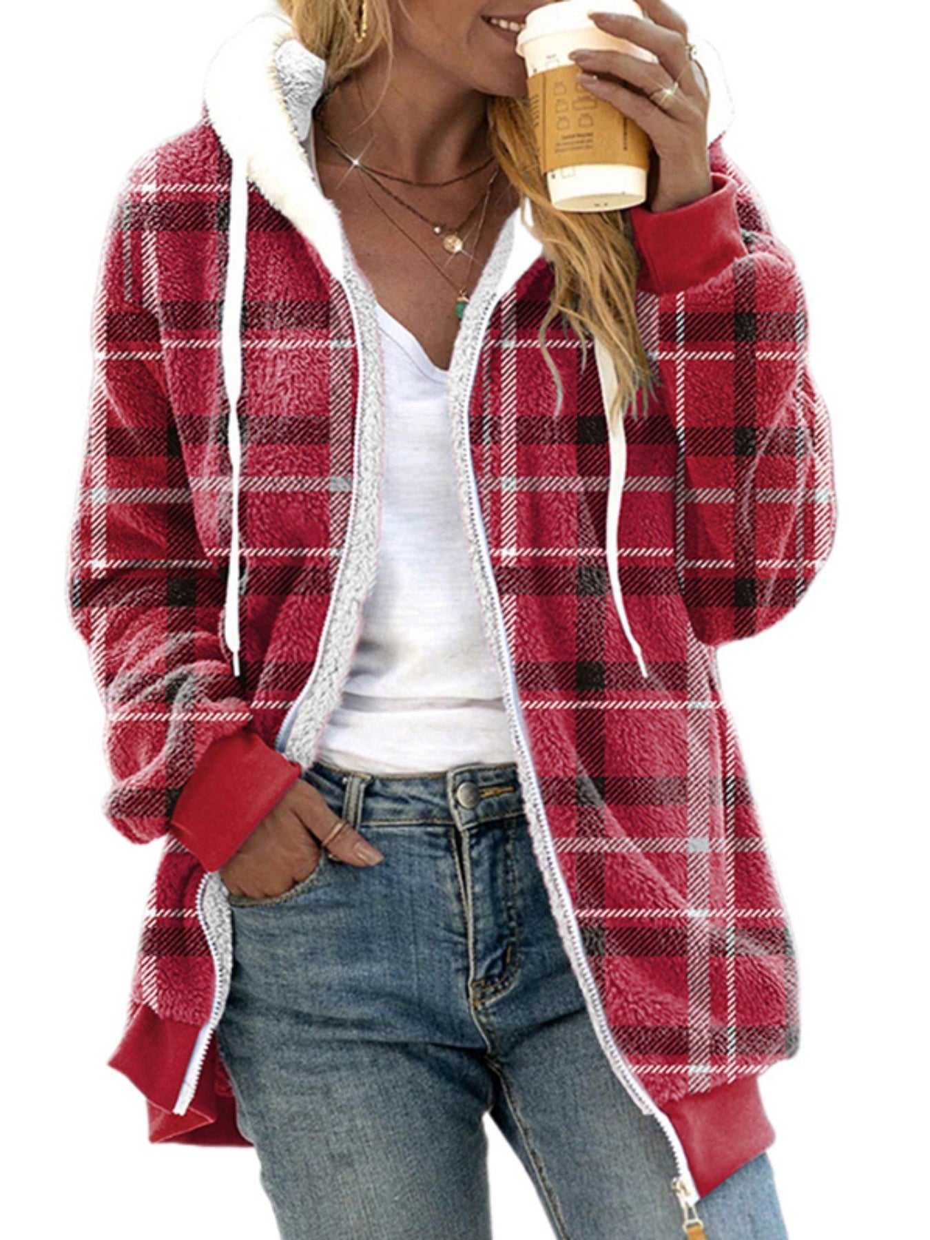 Women's Plush Lined Plaid Hooded Coat null