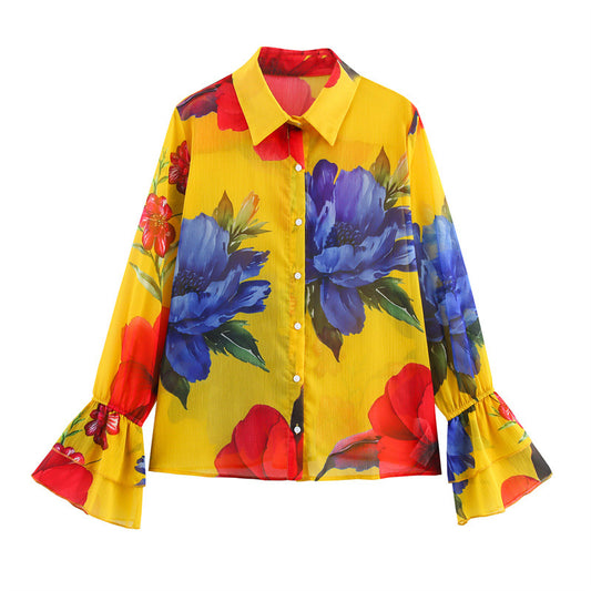 Women's Simple Bell Sleeve Printed Chiffon Shirt