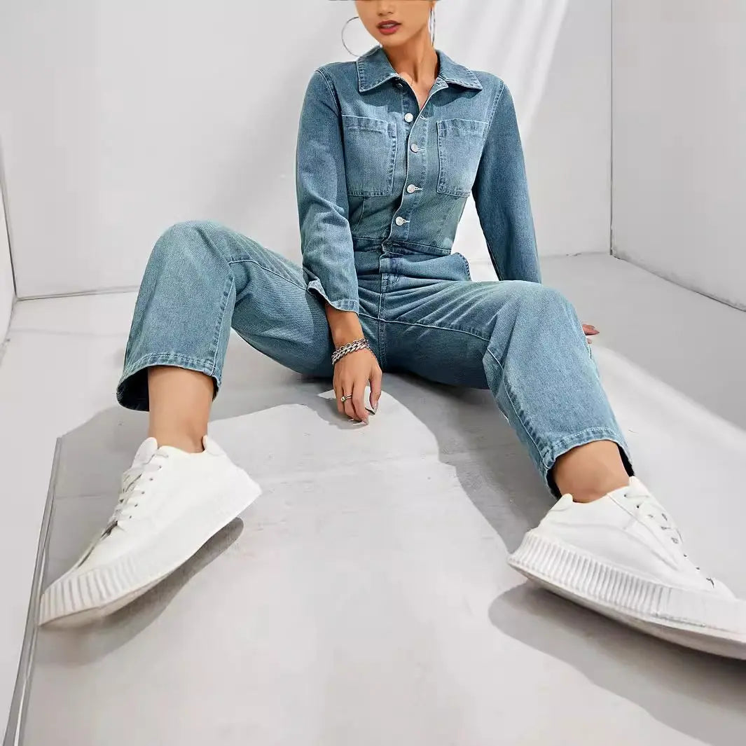 Women's Slim-fit Long-sleeved Denim Jumpsuit Nipaaj