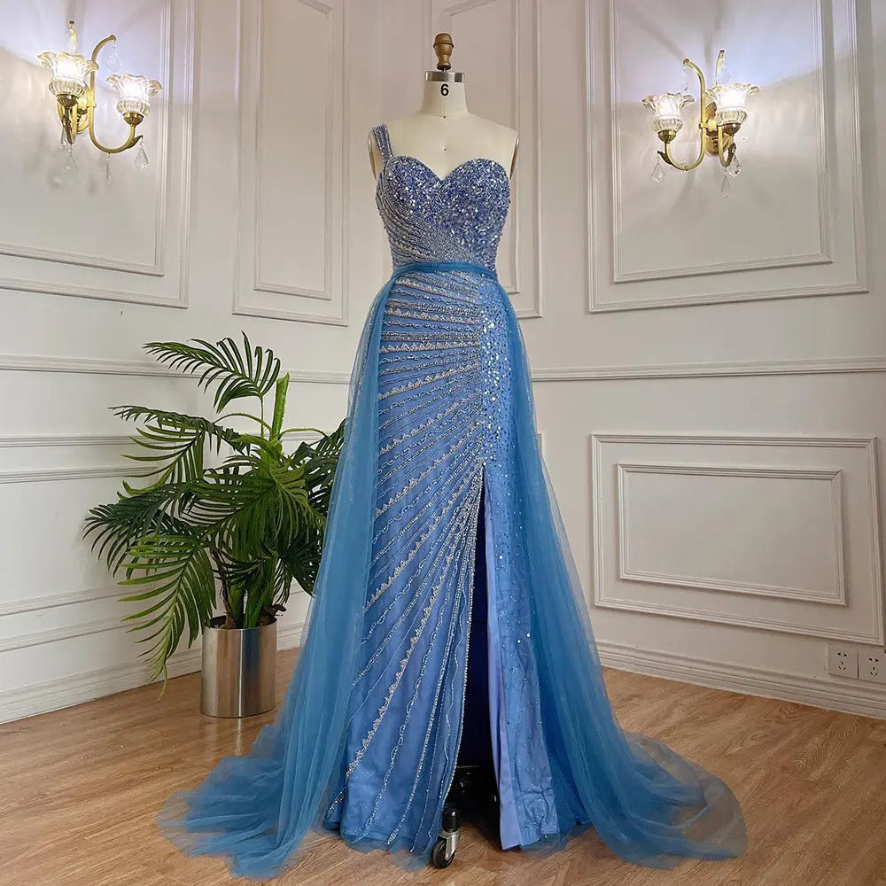 Blue Handmade Beaded Split Shoulder Fishtail Dress Nipaaj