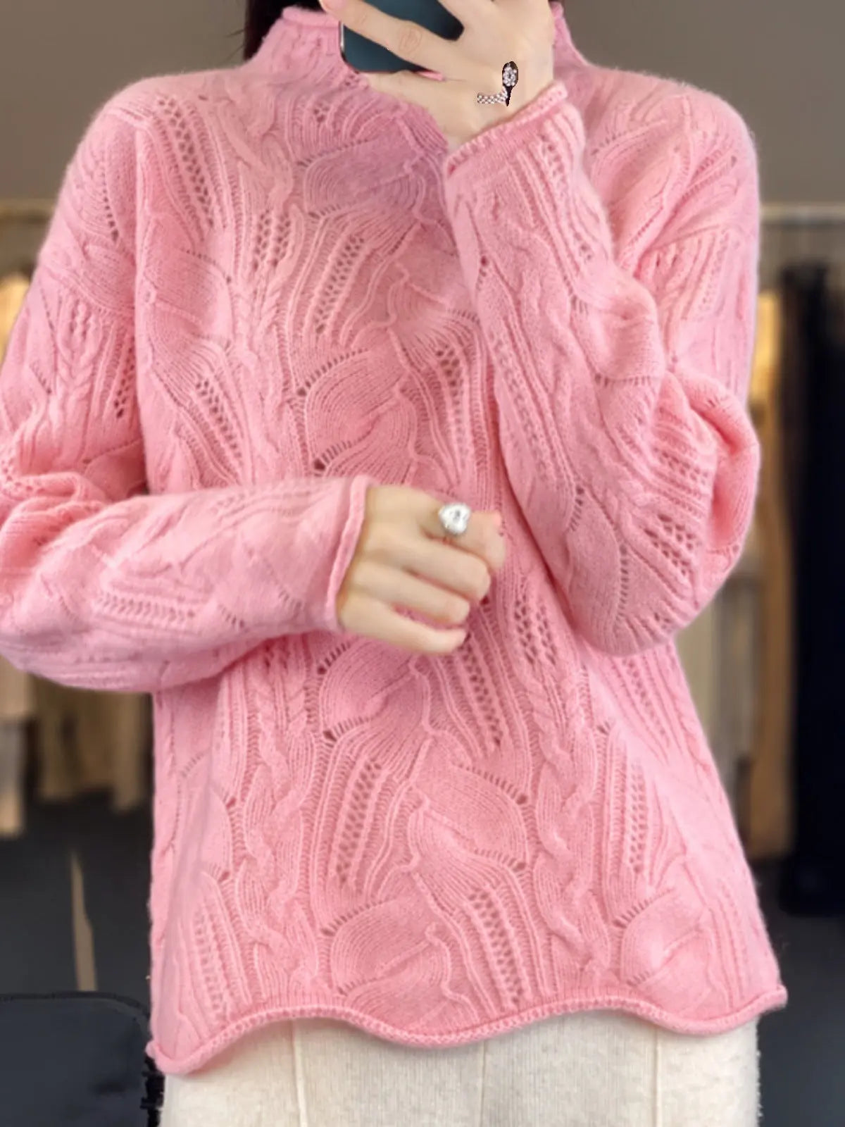 Autumn And Winter New Half High Collar Pullover Solid Color Hollow Sweater Nipaaj