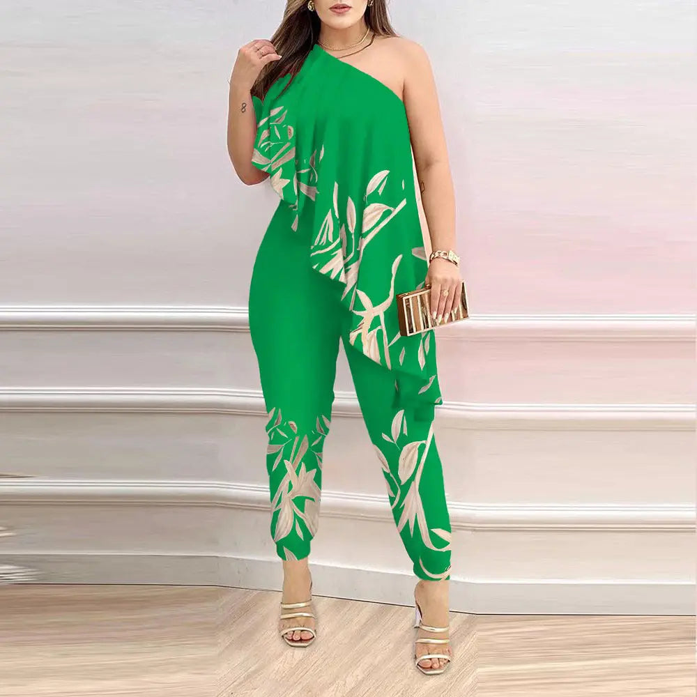 Printed One-shoulder Ruffled Jumpsuit null