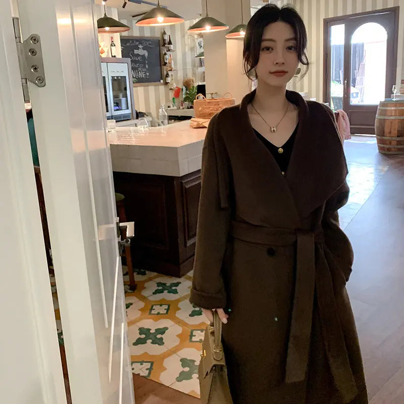 Women's Large Lapel Pure Color Tied Warm Reversible Woolen Coat null