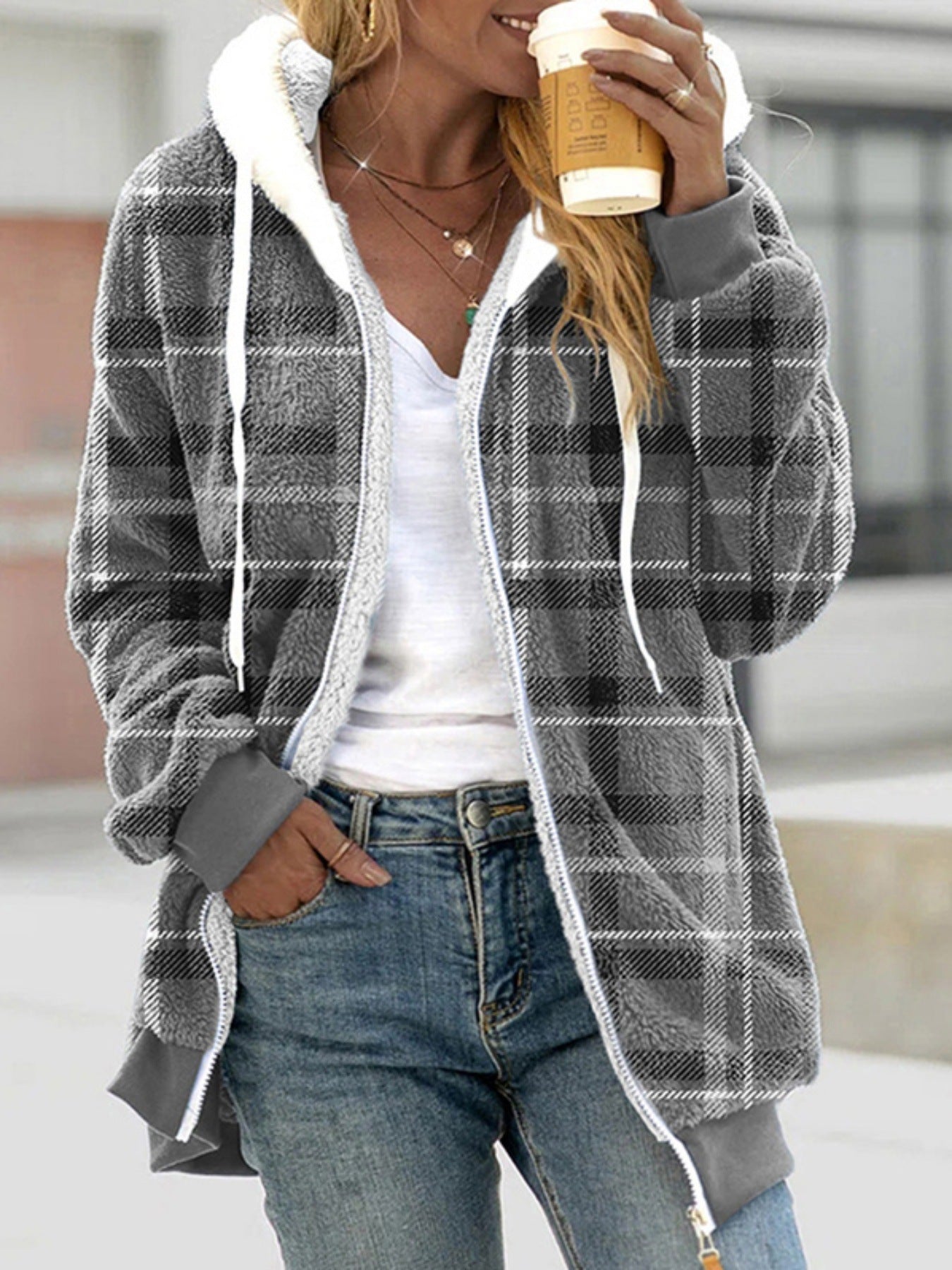 Women's Plush Lined Plaid Hooded Coat null