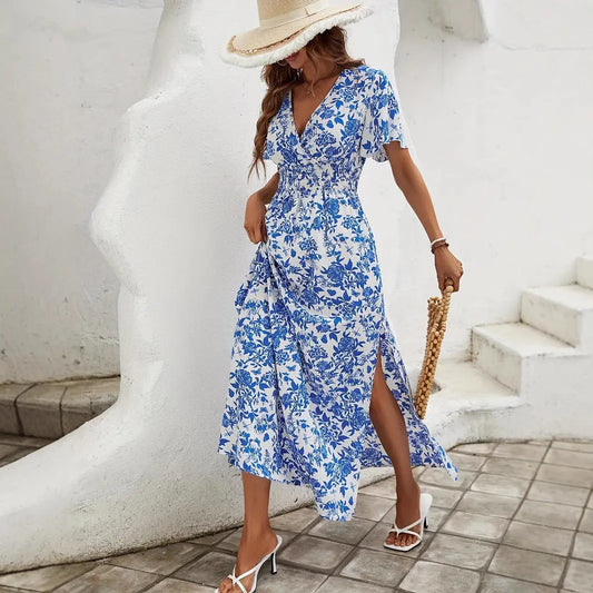 Advanced Sense Plus Size Waist Trimming Slimming V-neckline Flounced Skirt null