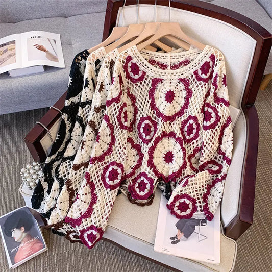 Ankela Red French Crocheted Hollow Sweater Nipaaj