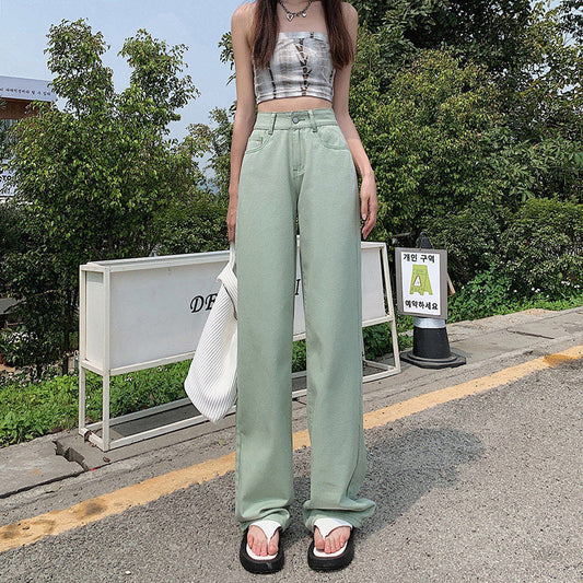 High Waist Drooping Color Loose Straight-leg Denim Women