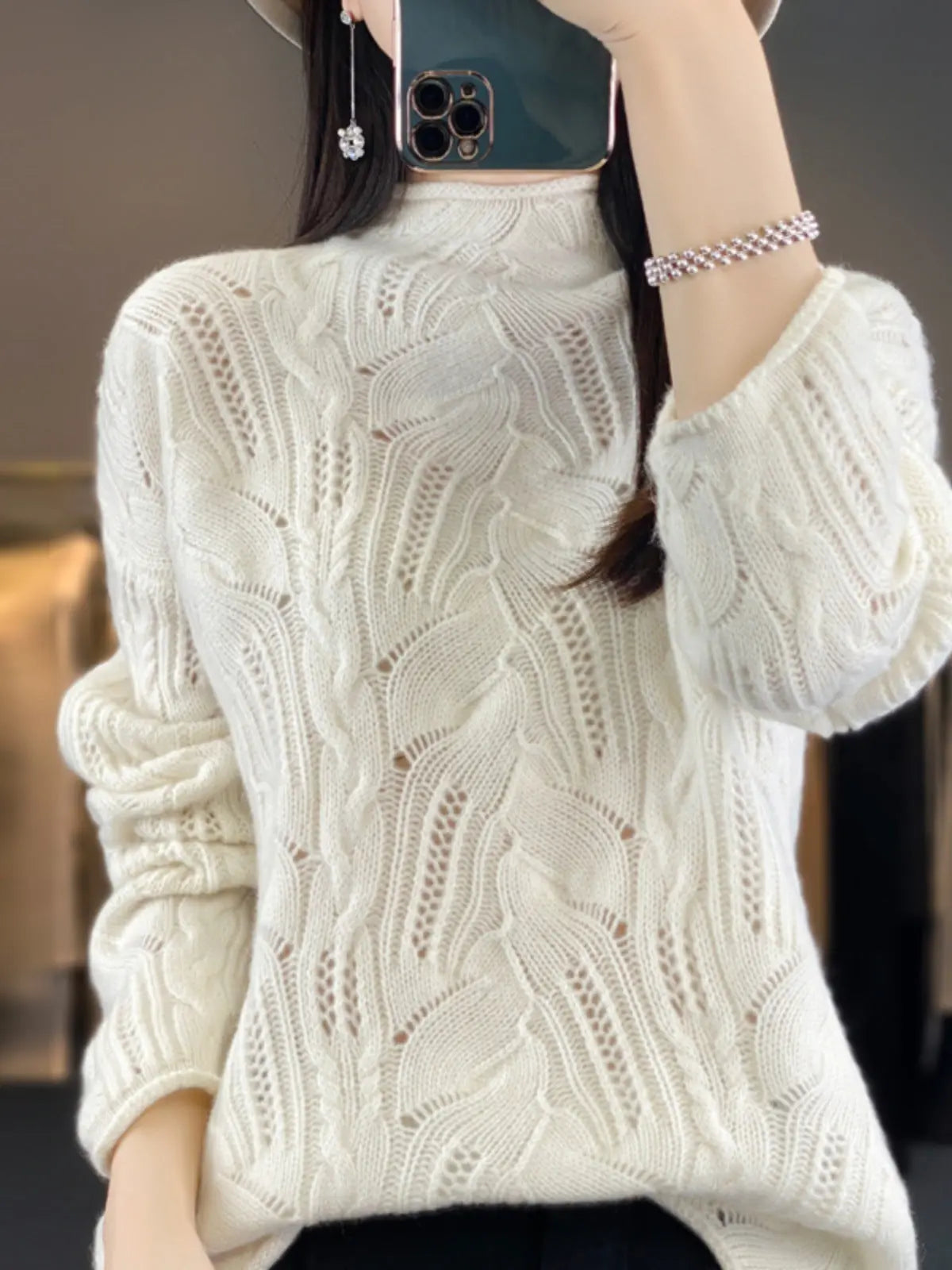Autumn And Winter New Half High Collar Pullover Solid Color Hollow Sweater Nipaaj