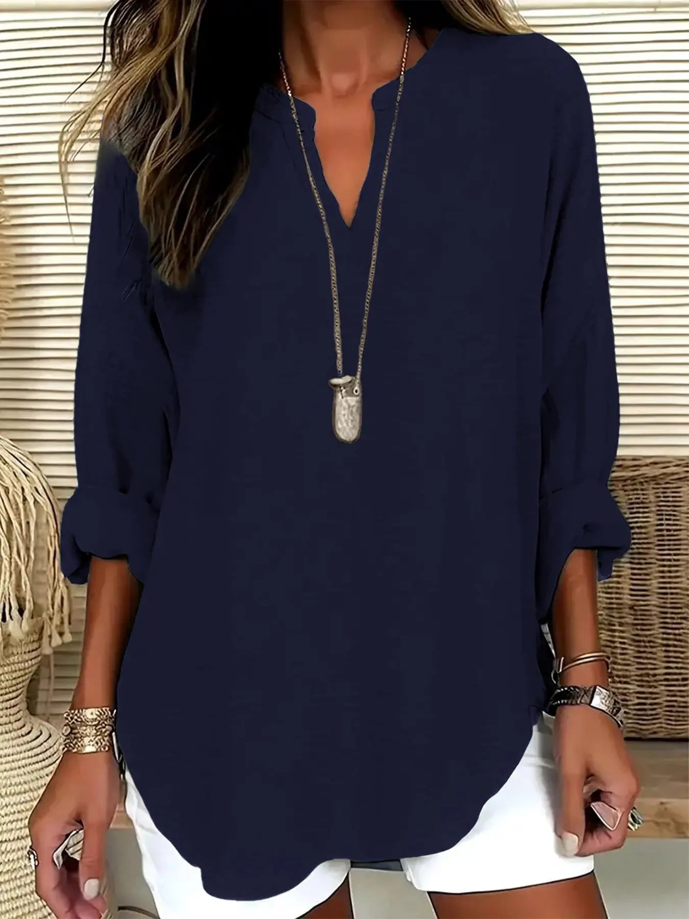 Women's V-neck Drop-shoulder Long-sleeve T-shirt Nipaaj