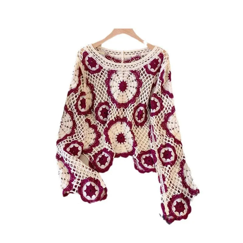 Ankela Red French Crocheted Hollow Sweater Nipaaj