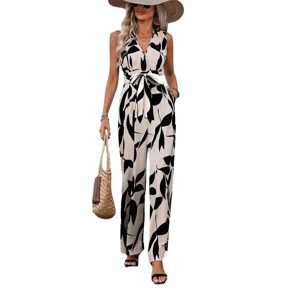 Fashionable High Waist Lace-up Wide Leg Jumpsuit For Women null