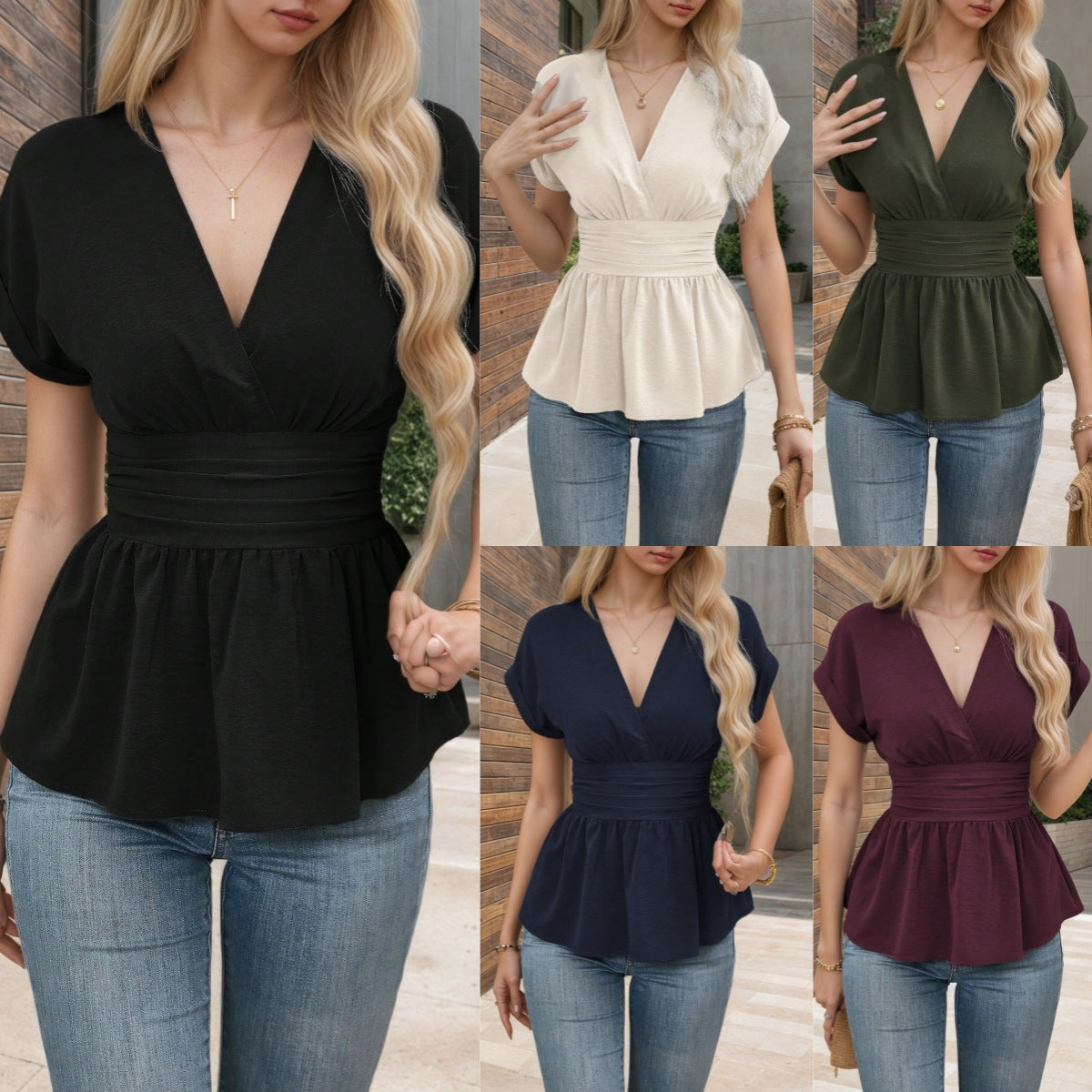 Summer Solid Color And V-neck Waist Pleated Waist Tight Shirt Top